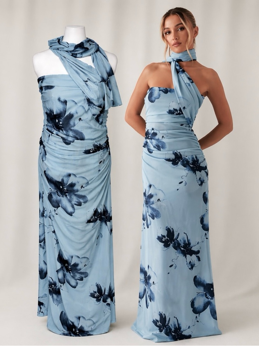 PepperMayo Blue Floral Scarf Maxi Dress US 12 XL Viral Event